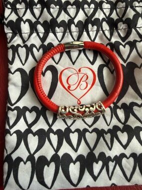 Brighton Woodstock Leather Cord Bracelet Red Silver-Tone Geometric Charm
